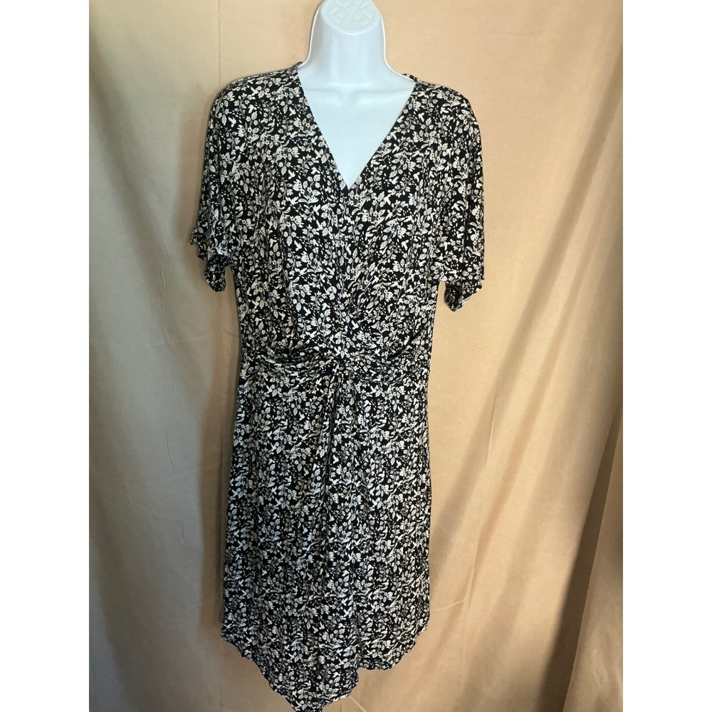Apt. 9 Floral Faux Wrap Dress Womens XL Black White Excellent Twist Front V-Neck